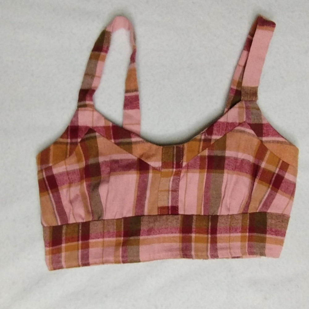 Passport Plaid Crop Top Bustier Pink Brown Sleeveless Casual Summer Size L‎